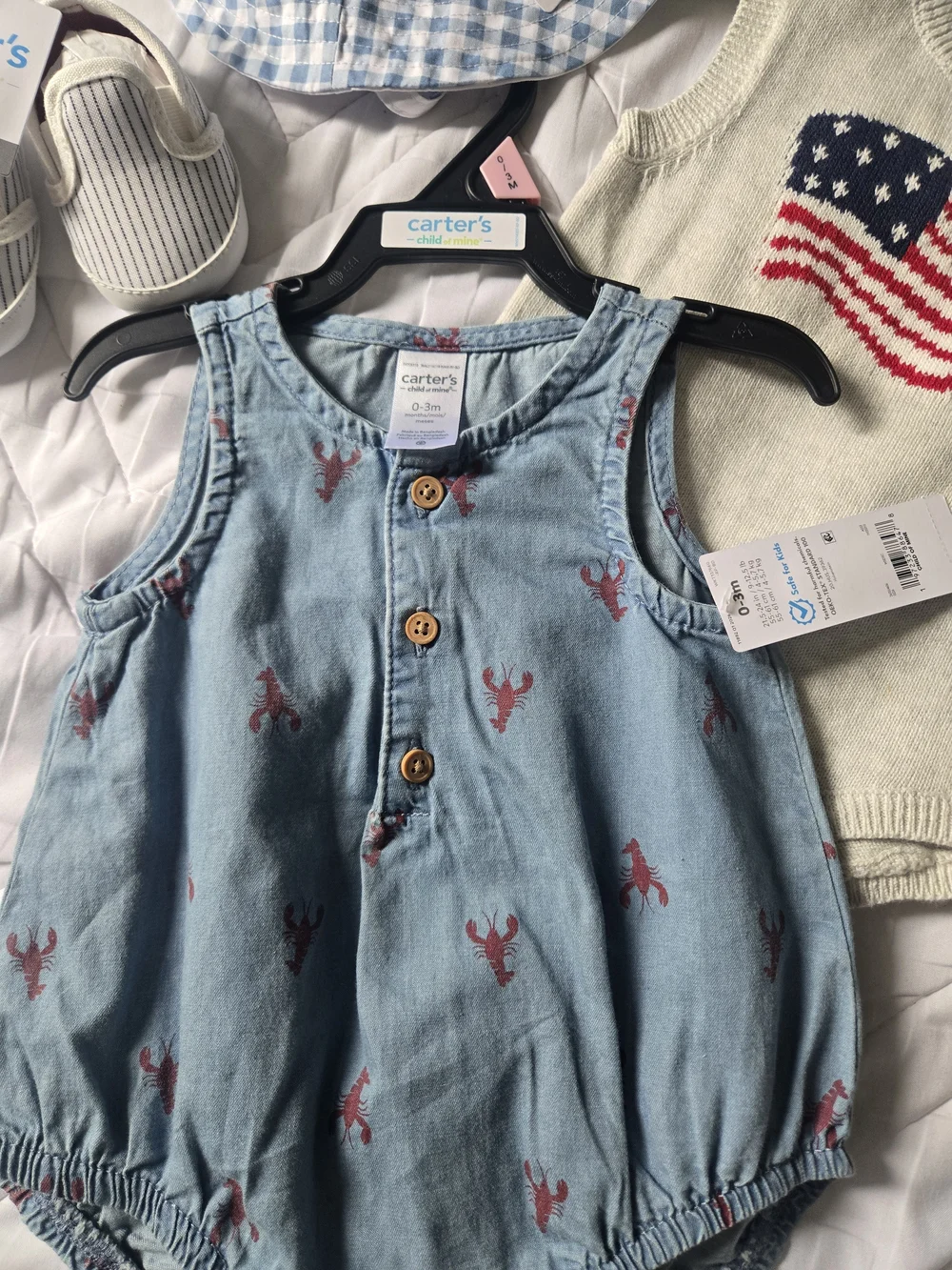 Carter's Baby Blue Gingham Sun Hat & Denim Romper Set - Blue